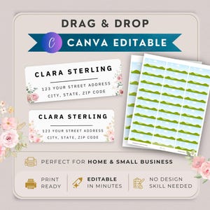 May include: The image shows white address labels with floral designs and the name "CLARA STERLING". The labels include address details and are described as "CANVA EDITABLE". There are also labels with a landscape design. The image also includes the text "PRINT READY" and "EDITABLE IN MINUTES".
