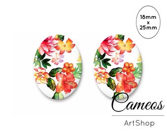 2pcs Flowers Oval Cabochon 25x18mm, Floral Pattern Cabochon, Glass Dome, Handmade Photo Glass Cabochon - 0792