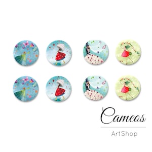 May include: Set of eight round, colorful, ceramic tiles with various whimsical illustrations. Each tile features a different scene with a girl, a couple, or a fairy. The tiles are decorated with hearts, butterflies, and flowers. The tiles are labeled "Cameos ArtShop".