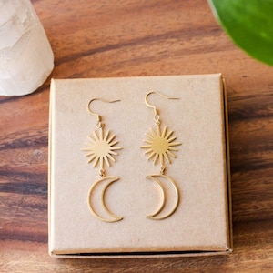 Sun and moon earrings, sun earrings, moon earrings, boho earrings, witchy earrings, sun brass earrings, moon brass earrings