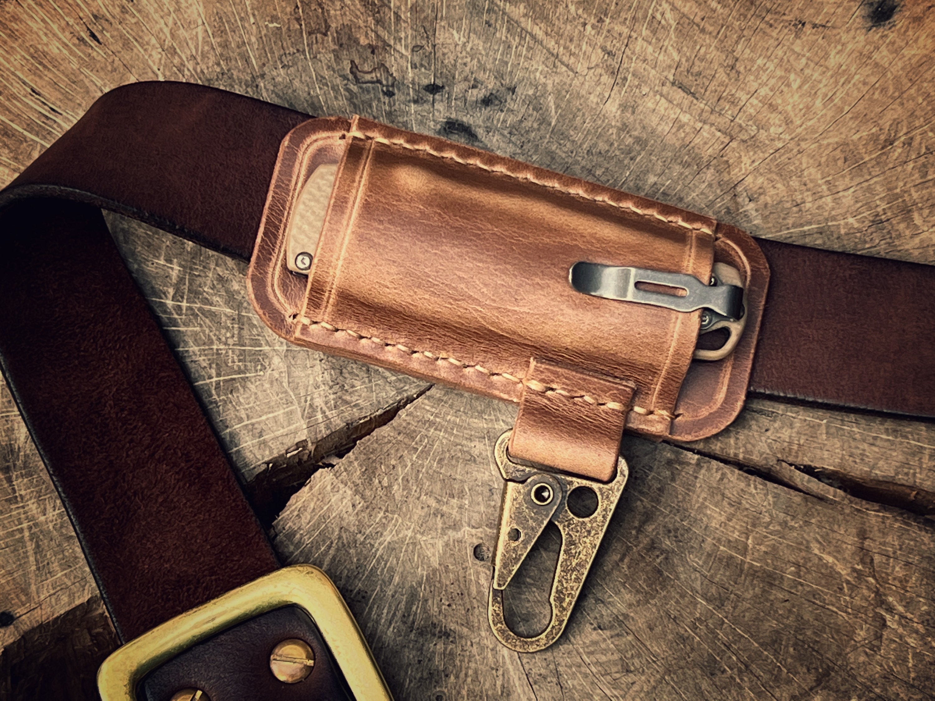 EDC Folding Knife Leather Belt Sheath With Key Hook Knife Etsy