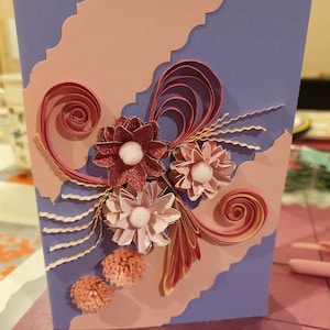 carte quilling anniversaire, fête , carte artisanale, carte de fleurs, carte pour homme ou femme, carte faite main