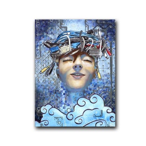 Puede incluir: Una pintura digital de un rostro con una corona de cables y alambres en la cabeza. El fondo es una placa de circuito azul y plateado con nubes.