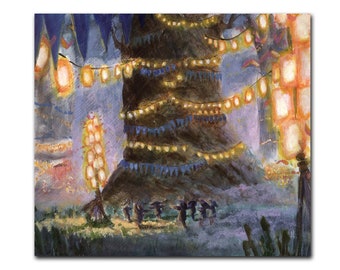 Oil painting sketch, fantasy landscape of wood elves dance festival