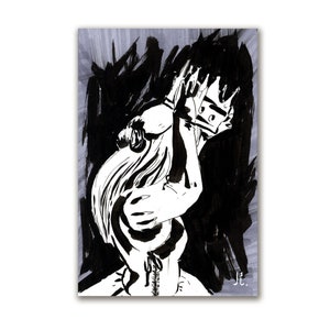 May include: Black and white illustration of a person wearing a crown, with their head in their hands. The background is a dark, abstract design.