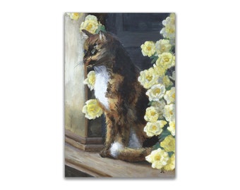 Cat and Yellow Roses Painting