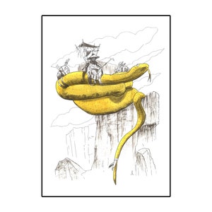 May include: A black and white illustration of a yellow snake with people riding on its back. The snake is coiled around a cliff and its tail is hanging down. The people are wearing traditional clothing and are holding onto the snake's back.