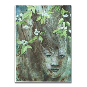 Ritratto di driade fantasy con fiori di pero, senza intelligenza artificiale