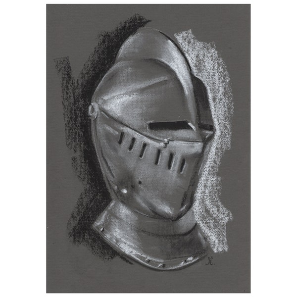 Casque de chevalier médiéval A4 dessin au fusain