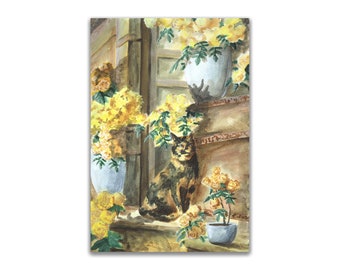 Cat and Yellow Roses Painting