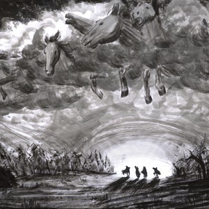 May include: A black and white ink drawing of a dark, stormy sky with a group of horses running through the clouds. Below, four figures stand in silhouette in a field.
