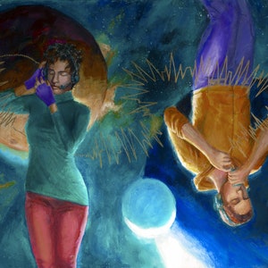 Mars Terra Amor. Original Fantasy Acryl Malerei, Pärchen Verliebt Kunst, Valentinstag, Erstkontakt, Fernbeziehung Liebe,Morsecode,Grenzenlos