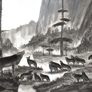 Ink Painting of Howling Wolves in a Foggy Forest , no AI