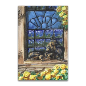 Tableau chat et roses jaunes, sans IA