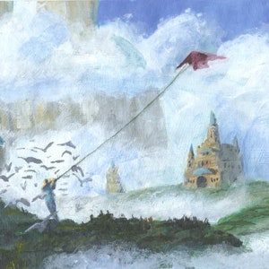 Boceto acrílico de un paisaje estilo ghibli, sin IA