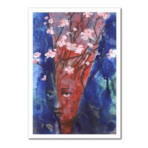 Kersenbloesem-dryad-inkt en acrylkunstwerk, geen AI