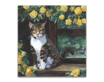 Cat and Yellow Roses Painting