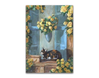 Cat and Yellow Roses Painting