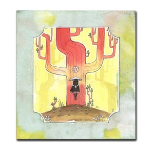 GRIS stil Tuschemalerei einer mystischen Figur und Baum, keine KI
