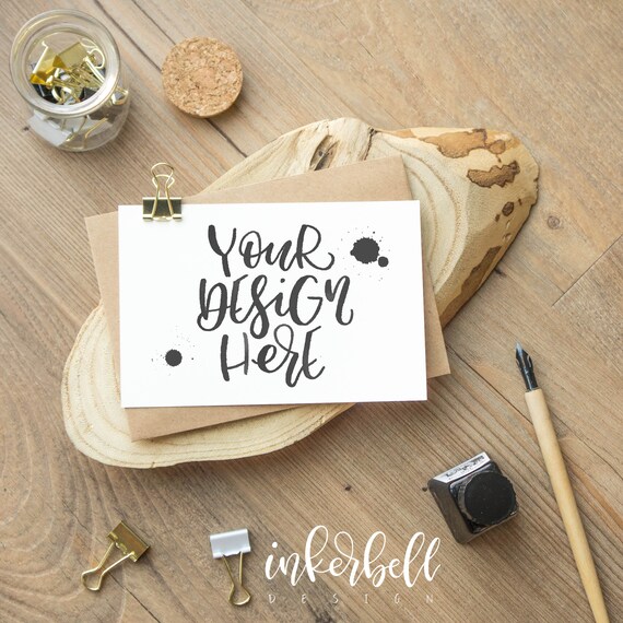 Flatlay Wood Disk Postcard Calligraphy Ink Pen Mock Up Wooden Etsy
