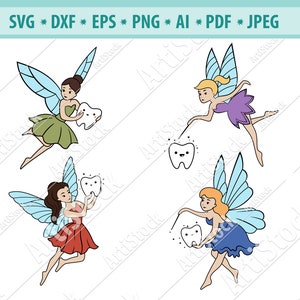 Hada Svg archivo, hada de los dientes Svg, Diente Svg, Hada Voladora Svg, Diente de bebé Svg, Clipart de hada, Archivo Svg para cricut, Cortar archivos, Eps, Dxf, Png