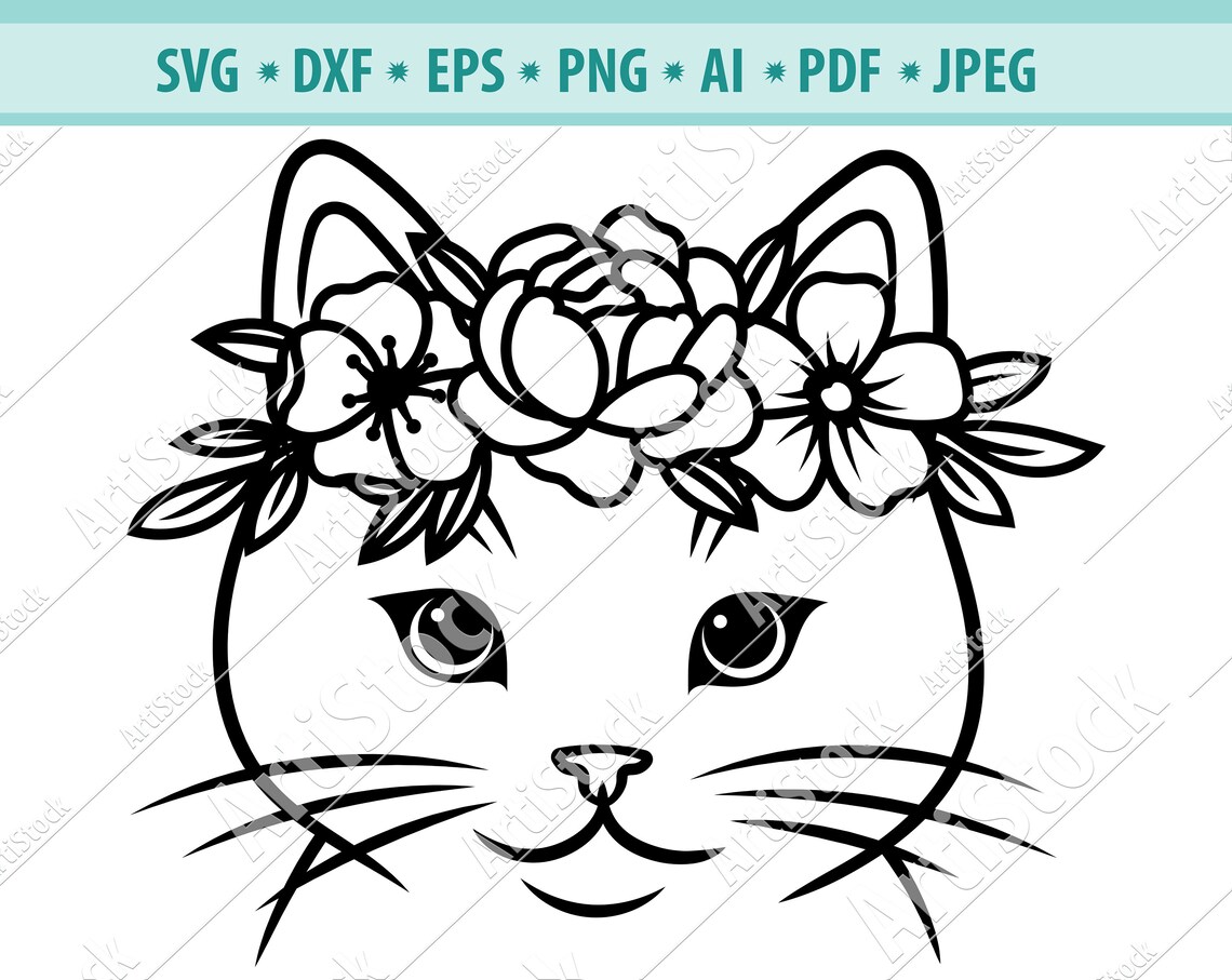 Cat Face SVG Cat With Flower Crown SVG Cat Cut File Animal | Etsy