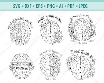 Mental health matters Svg, Floral brain svg, Anatomy Svg, Mind Health Svg, Awareness Svg, Svg cut files, Medical svg, Silhouette, Dxf, Eps