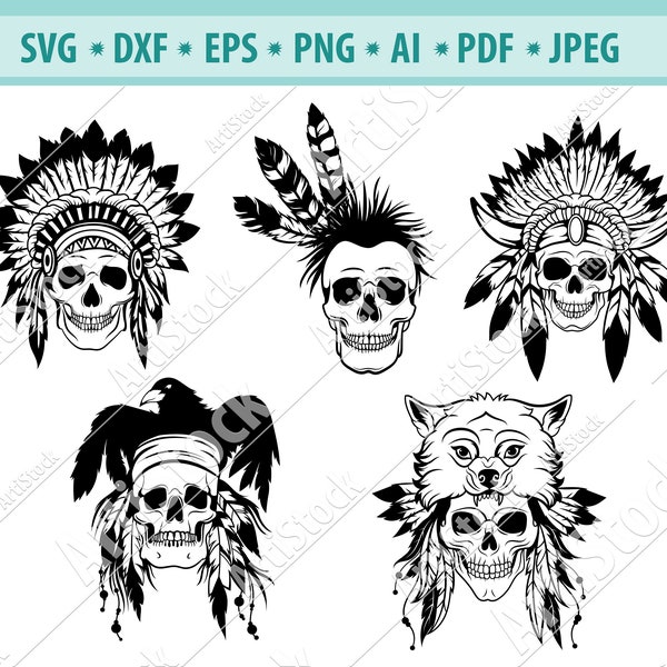 Indian Skull Svg, Head Dress, Indian skull in a headdress with feathers, .SVG .EPS .PNG Vector Clipart Digital Download Circuit Cut Cutting