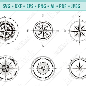 Puede incluir: Conjunto de seis ilustraciones de rosas de los vientos en blanco y negro. Cada rosa de los vientos tiene un diseño diferente con una estrella en el centro y las letras N, S, E y W alrededor del exterior.