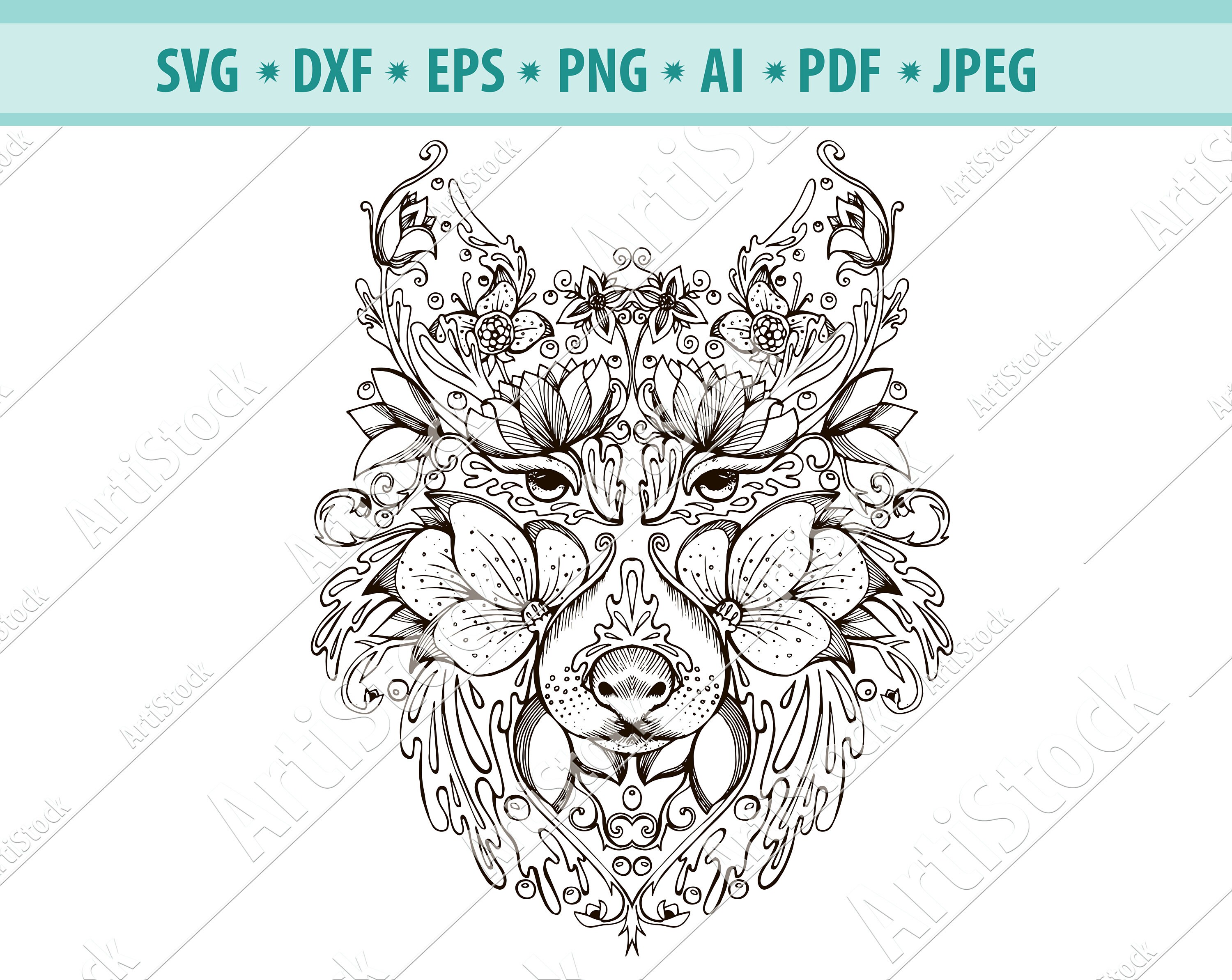 Floral Animal Clip Art File Wolf Mandala Shirt SVG Cut Design For Cricut Silhouette Floral Cute Svg Zentangle Wolf Silhouette Dxf