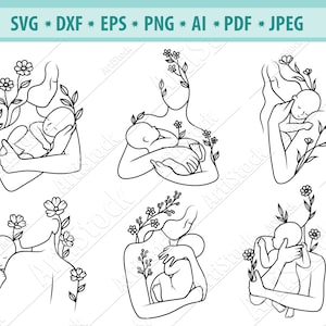 母と子の SVG、赤ちゃんを抱きしめる母親の SVG、花の母親の SVG、SVG カット ファイル、お母さんの SVG、新生児の SVG、シルエット、花の SVG、Eps、Png、Dxf