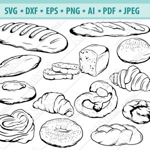Panadería Svg, Pastel Svg, Panadería comida Svg, Pan Svg, Buns Svg, Pastel de hornear clipart, Pan Baguette Svg, Svg casero, Silueta Cameo, Eps, Dxf