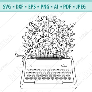 Máquina de escrever de flores Svg, Tecnologia de vinil Svg, Máquina de escrever retrô floral SVG, Escritor SVG, Autor Svg, Arquivo de corte de flores, Eps, Png, Dxf, Vetor