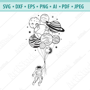 Raum Svg, Planet Ballons Svg, fliegende Astronaut Svg, Planeten geschnitten Datei, Raummann Svg, Kosmos Clipart, Galaxy Svg, Silhouette, Eps, Png, Jpg