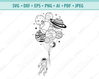 Space Svg, Planet Balloons Svg, Flying Astronaut Svg, Planets Cut File, Spaceman Svg, Cosmos Clipart, Galaxy Svg, Silhouette, Eps, Png, Jpg