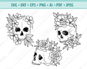 Skull Svg File, Flower Skull svg, Skull cut file, Sugar Skull Svg, Gothic svg, Floral Skull clipart, Skull Head Svg, Vector, dxf, eps, png