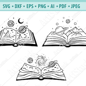 Boeken met planeten SVG, Reading svg, Space Cut File, Stars Svg, Moon svg, Book Lover svg, Magic svg, Librarian svg, Open boek Png, Eps, Png