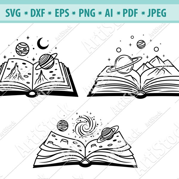 Books with planets SVG, Reading svg, Space Cut File, Stars Svg, Moon svg, Book Lover svg, Magic svg, Librarian svg, Open book Png, Eps, Png