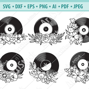 Disque vinyle Svg, Floral vinyle disque Svg, Flower disc Svg, Flower plate Svg, Retro flower album Svg, Flower wreath Svg, Floral clipart,