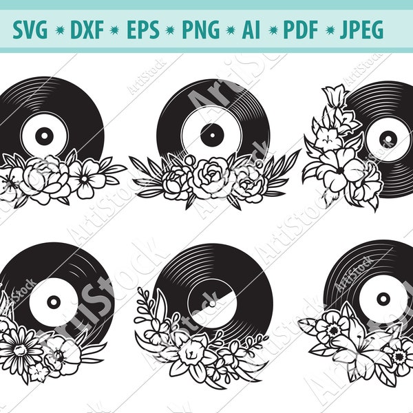 Vinyl record Svg, Floral vinyl record Svg, Flower disc Svg, Flower plate Svg, Retro flower album Svg, Flower wreath Svg, Floral clipart,