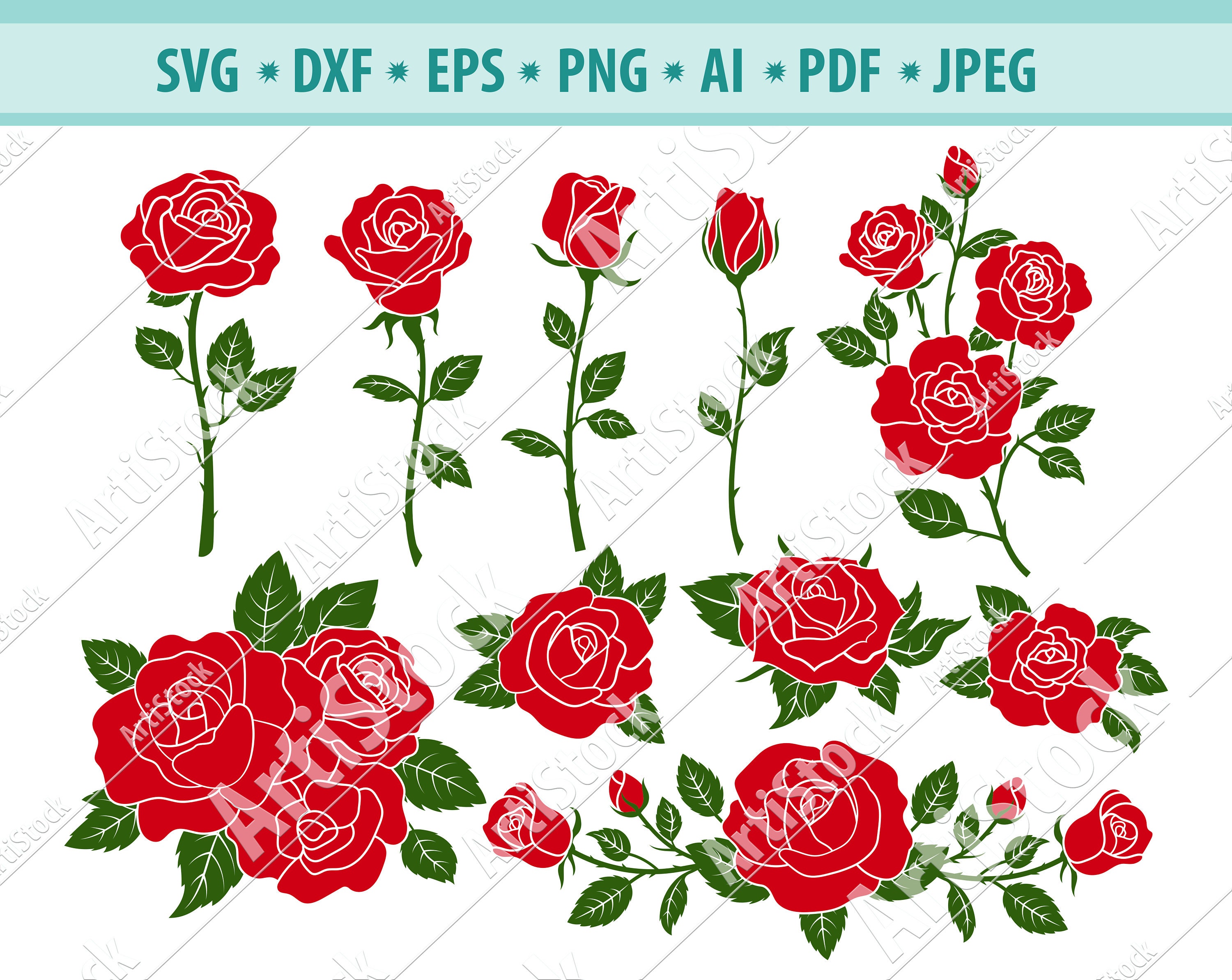 Roses SVG, Floral svg, Flower SVG cut File, Flower svg, Red roses svg, Roses Vector File, Red roses clipart, silhouette roses, dxf, png, eps