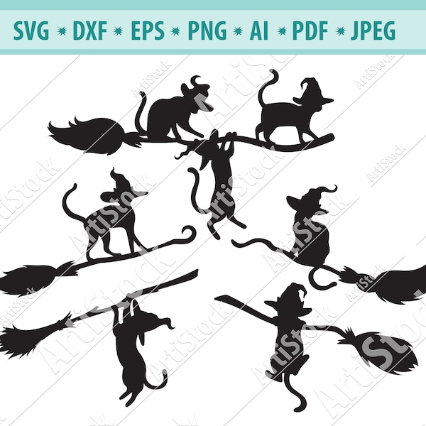 Witch cat Svg, Cat on Broom svg, Black cat svg, Witch Clipart, Halloween cat svg, Halloween Witch png, Silhouette, Mystic dxf, svg, eps