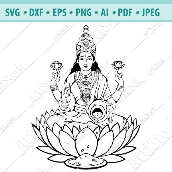 Goddess Lakshmi Svg, God Lakshmi Svg, Hindu goodness Svg, Indian God Svg, Hinduism Svg, Religion symbol, Lakshmi clipart, Holy Idol PNG, EPS