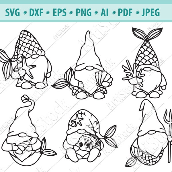 Gnomes mermaids Svg, Fairytale creature Svg, Cute Gnome Svg, Sea gnomes Svg, Gnome cut file, Gnome mermaid clipart, Ocean gnome Svg, Eps