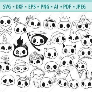 Lindo cráneo de Halloween Svg, Calavera de dibujos animados Svg, Calavera de gato Svg, Diablo Svg, Calavera espeluznante Svg, Archivo de corte de calavera, Calavera con corazón Svg, Eps, Dxf, Ai