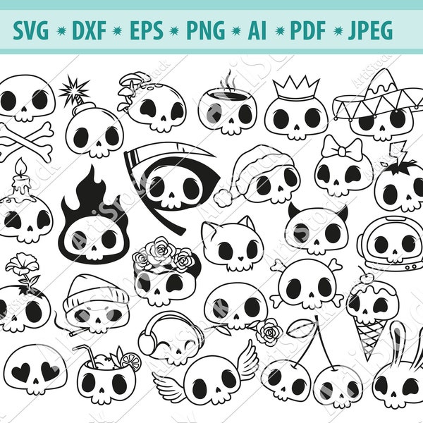 Cute Halloween skull Svg, Cartoon skull Svg, Cat skull Svg, Devil Svg, Spooky skull Svg, Skull cut file, Skull with heart Svg, Eps, Dxf, Ai