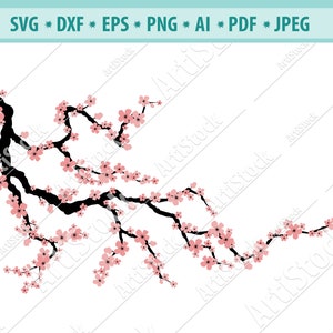 Rama de árbol con flores, flores de cerezo SVG, Sakura cricut, flores rosas, Japón svg, flor de cerezo de primavera y archivo de corte SVG de rama, clipart