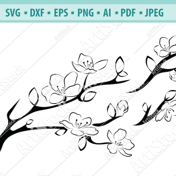 Baum Zweig mit Blumen, Kirschblüten SVG, Sakura Cricut, digitale Datei für HTV-Vinyl-Aufkleber-Diy-Plotter-Vinyl Cutter-Bastel-Cutter