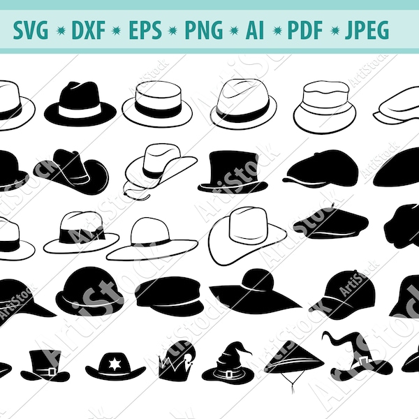 Hat SVG Bundle, Hat SVG, Hat Clipart, Hat Cut Files For Silhouette, Files for Cricut, Hat Vector, Fedora Hat Svg, Top Hat, Dxf, Png, Design