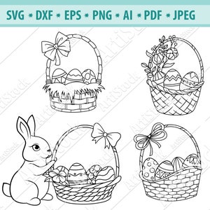 イースター バスケット SVG、イースター バニー SVG、編み込みイースター バスケット SVG、ウサギ SVG、イースター SVG、イースター エッグ SVG、SVG カット ファイル、jpg、png、dxf、ベクター